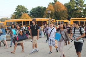 Students arriving at NHS for the first day of school.